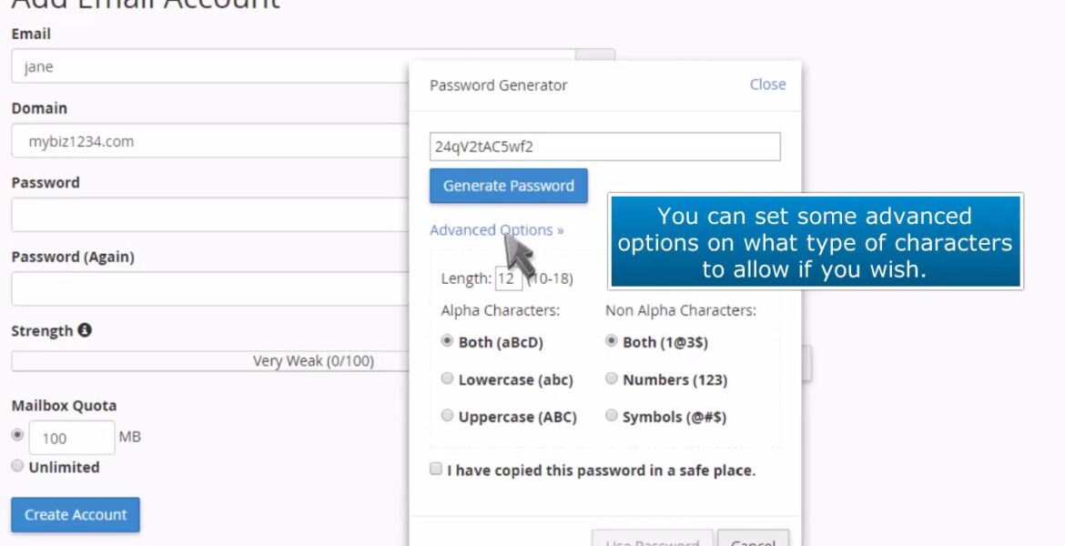 cPanel: How to use the password generator when creating an email account

 Video Tutorial Hostpapa