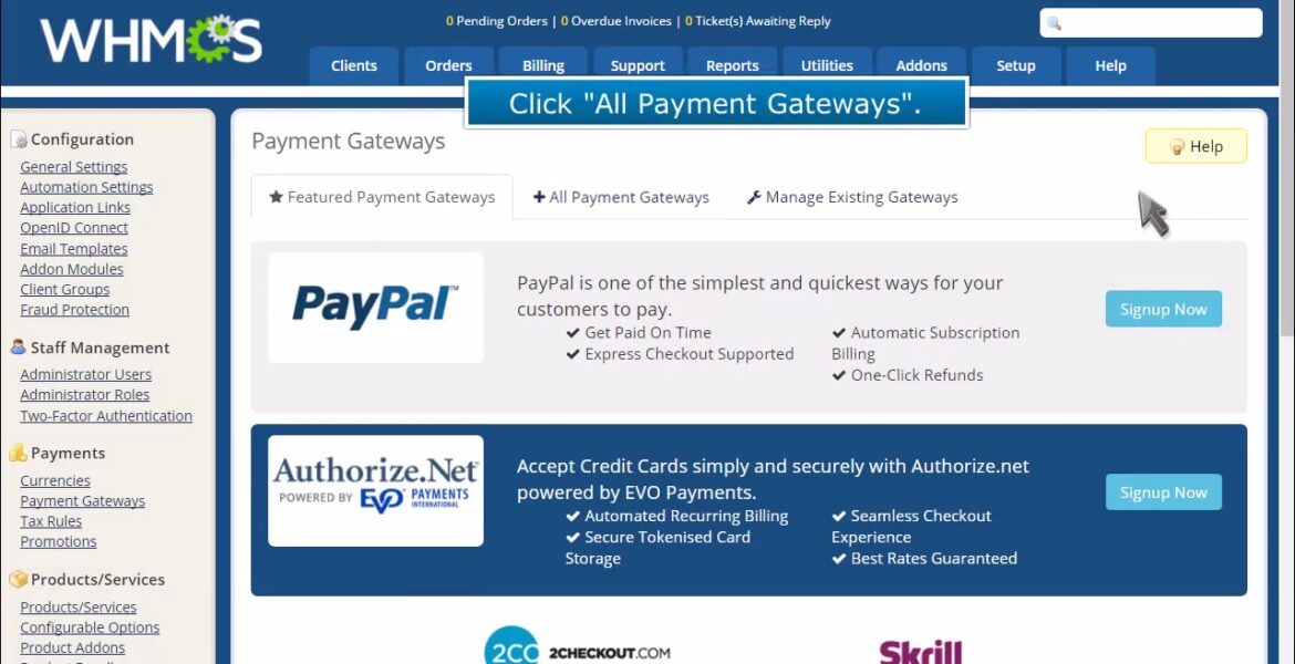 WHMCS.  How to set up payment gateways

 Video Tutorial Hostpapa